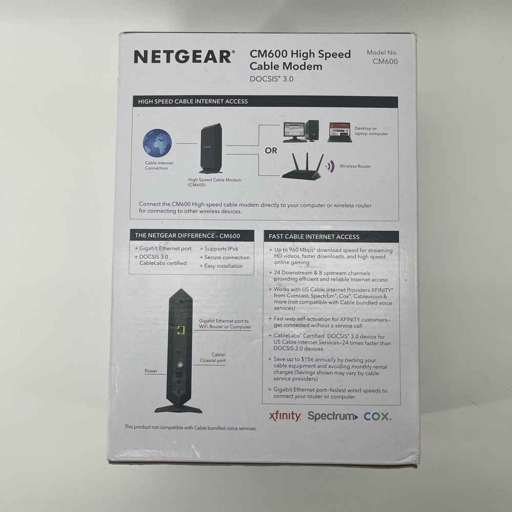 NETGEAR CM600 High Speed 24x8 Cable Modem DOCSIS 3.0 - Picture 3 of 6
